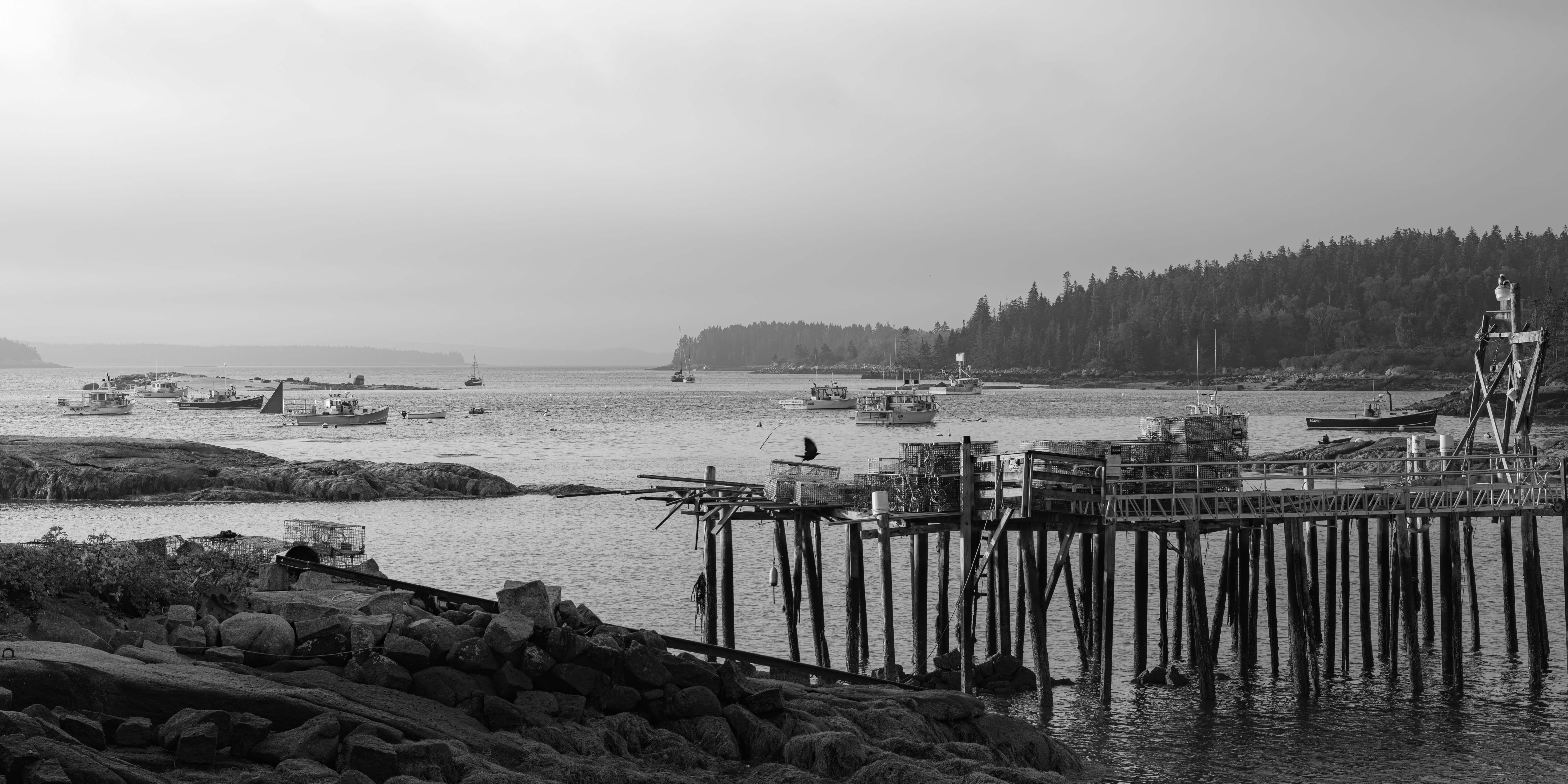Slack Tide black and white photograph of lobster boats at anchor and weathered dock pilings at slack tide, Stonington, Maine, fine art landscape photography by Brad Emerson